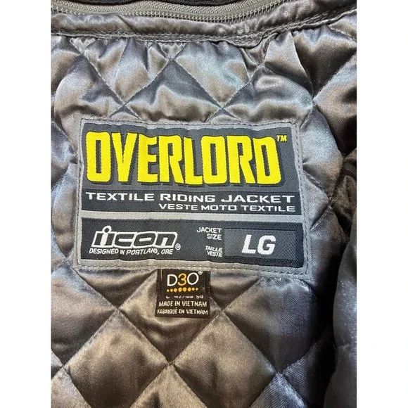 Icon Riding Jacket Mens LG Gray Overlord Textile D3O Armor Neon Green Moto Sport